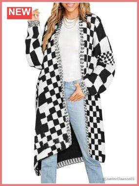 Long Checkered Chunky Knit Cardigan Oversized Open Front Batwing Sleeve Sweater